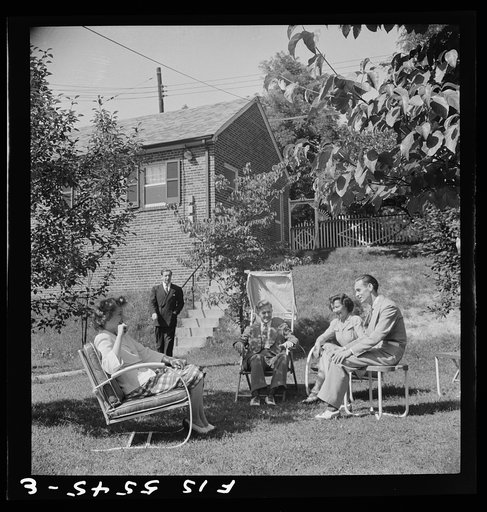 Washington, D.C. The Icelandic legation. Minister Thors joins his office staff in a brief respite on the lawn outside the chancery. Left to right: Martha Thors, Thor Thors, Asgen Asgenson, Miss Elliot, Bjornsson