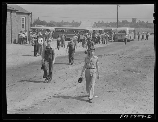 Sheffield, Alabama. Reynolds Alloys Company. The four o'clock shift coming in from busses