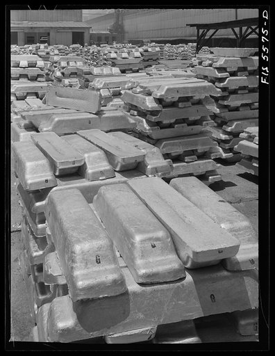 Sheffield, Alabama. Reynolds Metal Company. Aluminum pigs in the yard