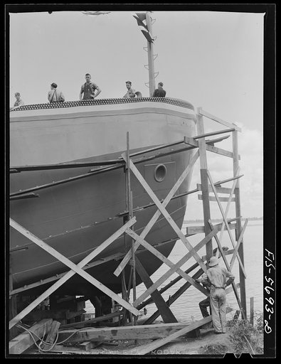 Ingalls Shipbuilding Company, Decatur, Alabama. Preparations for launching an Army barge