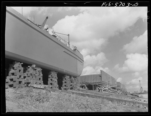 Ingalls Shipbuilding Company, Decatur, Alabama. An Army barge on the ways just before launching