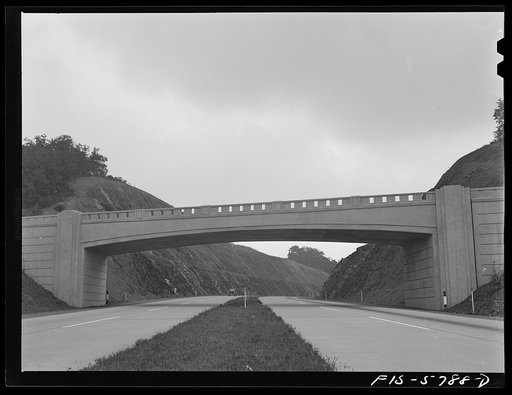 Untitled photo, possibly related to: Pennsylvania Turnpike, Pennsylvania. Crossroads pass overhead