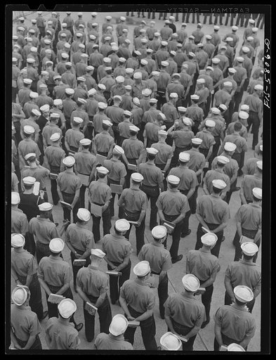 Hoffman Island, merchant marine training center off Staten Island, New York. General muster of trainees at 8:45 a.m.
