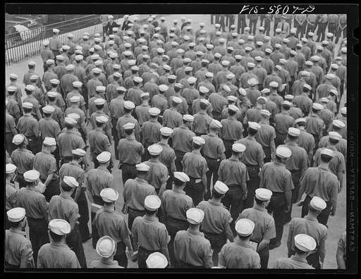 Hoffman Island, merchant marine training center off Staten Island, New York. General muster of trainees at 8:45 a.m.