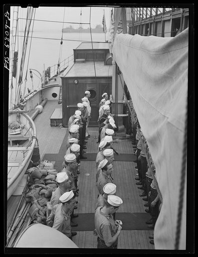 Hoffmann Island, merchant marine training center off Staten Island, New York. Trainees aboard the schooner Vema