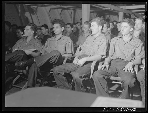Untitled photo, possibly related to: Hoffman Island, merchant marine training center off Staten Island, New York. Class held in hold of the training ship New York on which trainees are spending a month