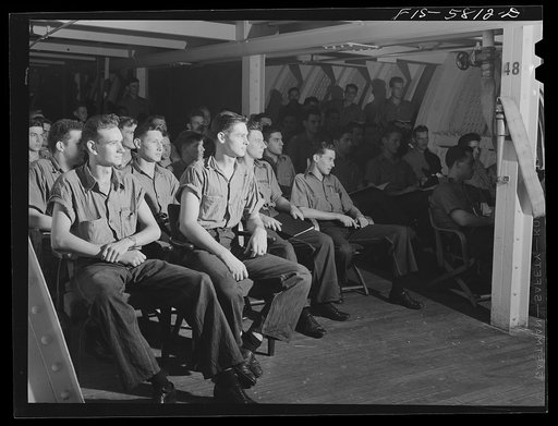 Hoffman Island, merchant marine training center off Staten Island, New York. Class held in hold of the training ship New York on which trainees are spending a month