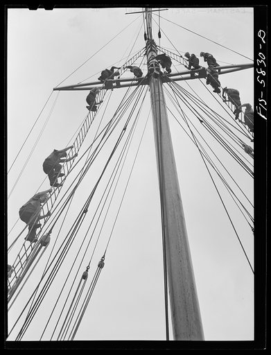 Untitled photo, possibly related to: Hoffman Island, merchant marine training center off Staten Island, New York. Trainees climbing to the tops of the schooner Vema on which they have a month's training period