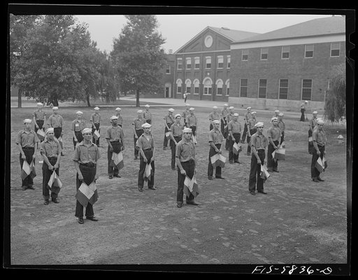 Untitled photo, possibly related to: Hoffman Island, merchant marine training center off Staten Island, New York. Class in semaphore signalling