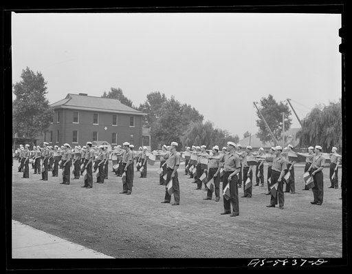 Hoffman Island, merchant marine training center off Staten Island, New York. Class in semaphore signalling