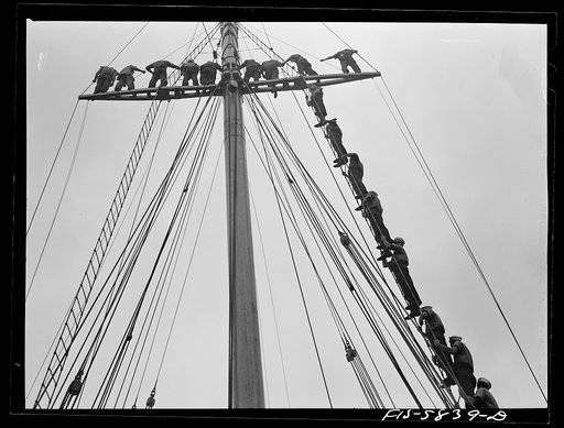 Untitled photo, possibly related to: Hoffman Island, merchant marine training center off Staten Island, New York. Trainees climbing to the tops of the schooner Vema on which they have a month's training period