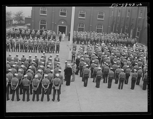 Untitled photo, possibly related to: Hoffman Island, merchant marine training center off Staten Island. General muster of trainees at 8:45 a.m.