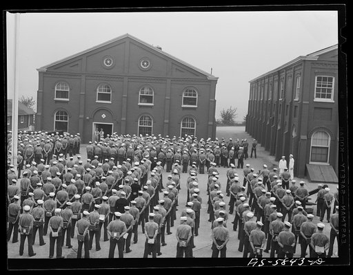 Untitled photo, possibly related to: Hoffman Island, merchant marine training center off Staten Island. General muster of trainees at 8:45 a.m.