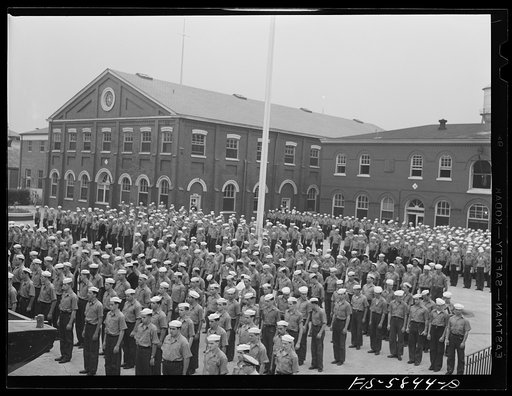 Untitled photo, possibly related to: Hoffman Island, merchant marine training center off Staten Island. General muster of trainees at 8:45 a.m.