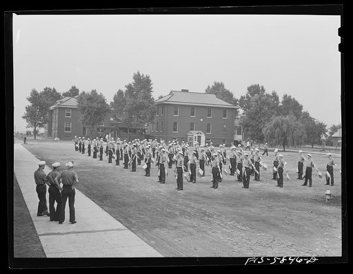 Hoffman Island, merchant marine training center off Staten Island, New York. Class in semaphore signalling