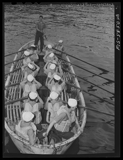 Hoffman Island, merchant marine training center off Staten Island. Lifeboat drill