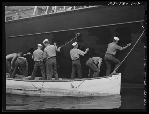 Hoffman Island, merchant marine training center off Staten Island. Trainees painting the schooner Vema