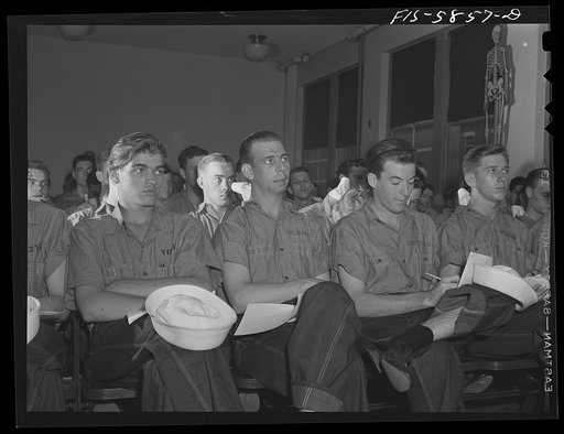 Hoffman Island, merchant marine training center off Staten Island, New York. First aid class