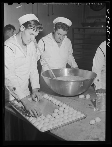 Hoffman Island, merchant marine training center off Staten Island, New York. Trainees for steward's rating learning how to cook