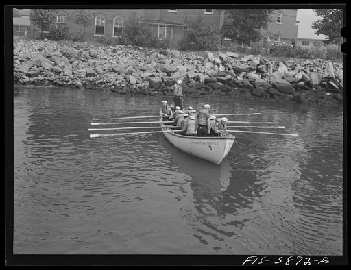 Hoffman Island, merchant marine training center off Staten Island, New York. Lifeboat drill