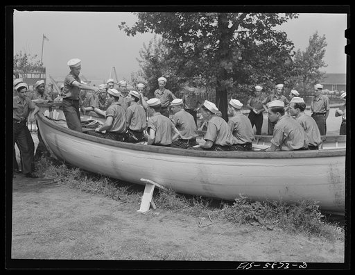 Hoffman Island, merchant marine training center off Staten Island, New York. Dry land drill