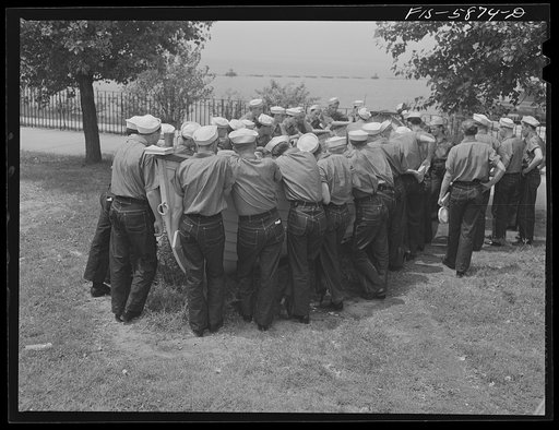 Untitled photo, possibly related to: Hoffman Island, merchant marine training center off Staten Island, New York. Trainees on their second day on the island learn about boats on the land