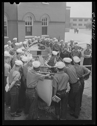 Hoffman Island, merchant marine training center off Staten Island, New York. Trainees on their second day on the island learn about boats on the land