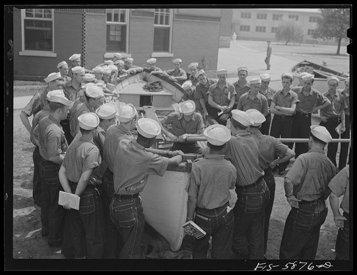 Hoffman Island, merchant marine training center off Staten Island, New York. Trainees on their second day on the island learn about boats on the land