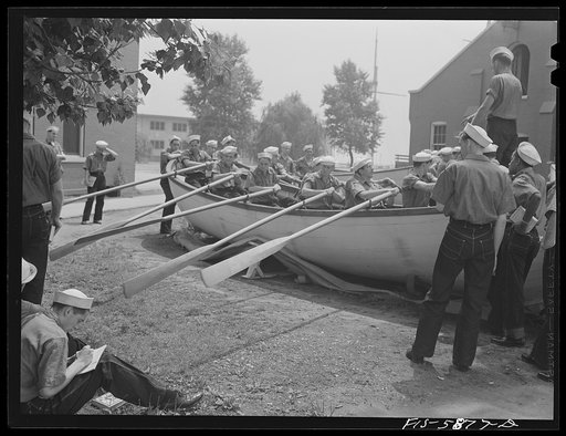 Hoffman Island, merchant marine training center off Staten Island, New York. Dry land boat drill