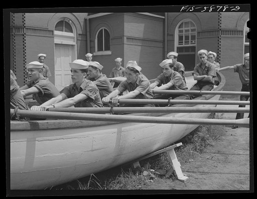 Hoffman Island, merchant marine training center off Staten Island, New York. Dry land boat drill