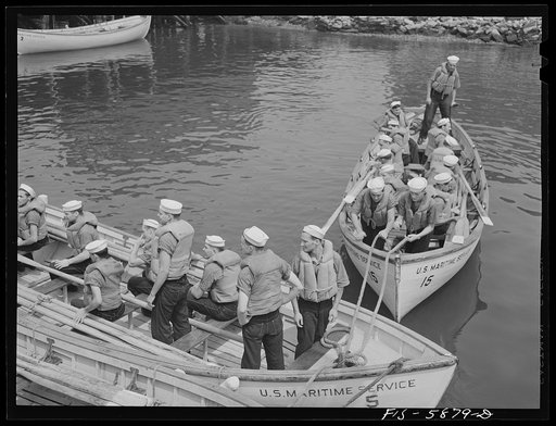 Hoffman Island, merchant marine training center off Staten Island, New York. Dry land boat drill