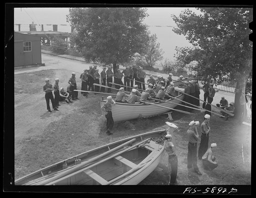 Hoffman Island, merchant marine training center off Staten Island, New York. Dry land boat drill