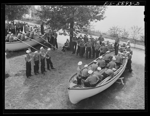 Hoffman Island, merchant marine training center off Staten Island, New York. Dry land boat drill