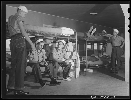 Hoffman Island, merchant marine training center off Staten Island, New York. Group of trainees leaving for a month on one of the training ships