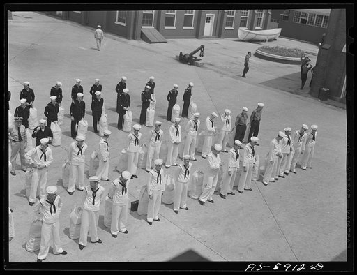 Untitled photo, possibly related to: Hoffman Island, merchant marine training center off Staten Island, New York. Group of trainees leaving for a month on one of the training ships