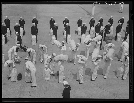 Hoffman Island, merchant marine training center off Staten Island, New York. Group of trainees leaving for a month on one of the training ships