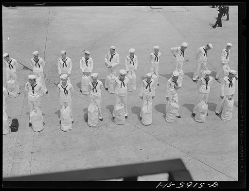 Untitled photo, possibly related to: Hoffman Island, merchant marine training center off Staten Island, New York. Group of trainees leaving for a month on one of the training ships
