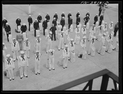 Hoffman Island, merchant marine training center off Staten Island, New York. Group of trainees leaving for a month on one of the training ships