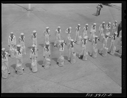 Hoffman Island, merchant marine training center off Staten Island, New York. Group of trainees leaving for a month on one of the training ships