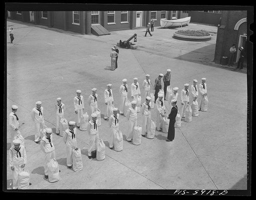 Untitled photo, possibly related to: Hoffman Island, merchant marine training center off Staten Island, New York. Group of trainees leaving for a month on one of the training ships
