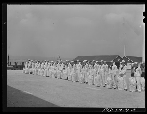 Hoffman Island, merchant marine training center off Staten Island, New York. Group of trainees leaving for a month on one of the training ships
