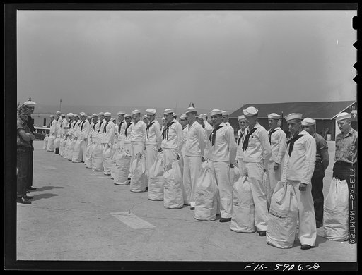 Untitled photo, possibly related to: Hoffman Island, merchant marine training center off Staten Island, New York. Group of trainees leaving for a month on one of the training ships