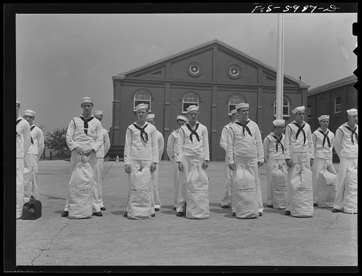 Hoffman Island, merchant marine training center off Staten Island, New York. Group of trainees leaving for a month on one of the training ships
