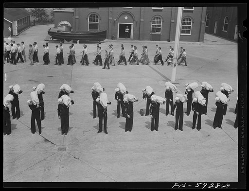 Hoffman Island, merchant marine training center off Staten Island, New York. Group of trainees leaving for a month on one of the training ships