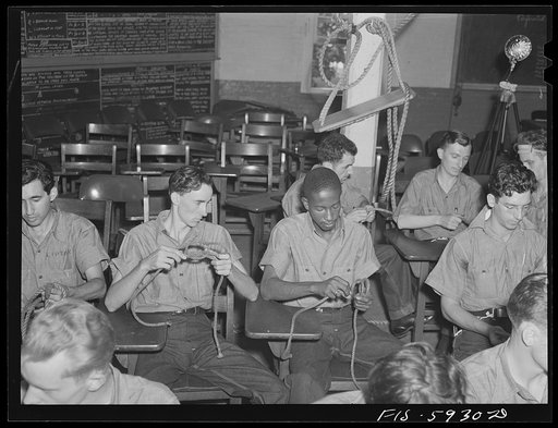 Hoffman Island, merchant marine training center off Staten Island, New York. Class in knot tying