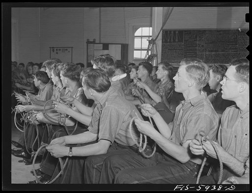 Hoffman Island, merchant marine training center off Staten Island, New York. Knot tying class