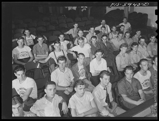 Hoffman Island, merchant marine training center off Staten Island, New York. New arrivals waiting to be issued clothing