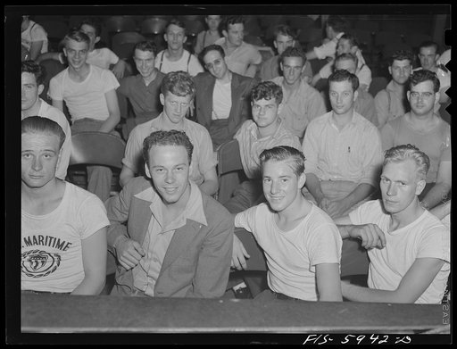 Hoffman Island, merchant marine training center off Staten Island, New York. New arrivals waiting to be issued clothing