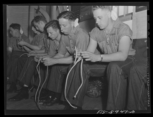 Untitled photo, possibly related to: Hoffman Island, merchant marine training center off Staten Island, New York. Knot tying class