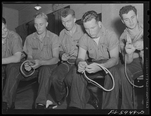 Hoffman Island, merchant marine training center off Staten Island, New York. Knot tying class